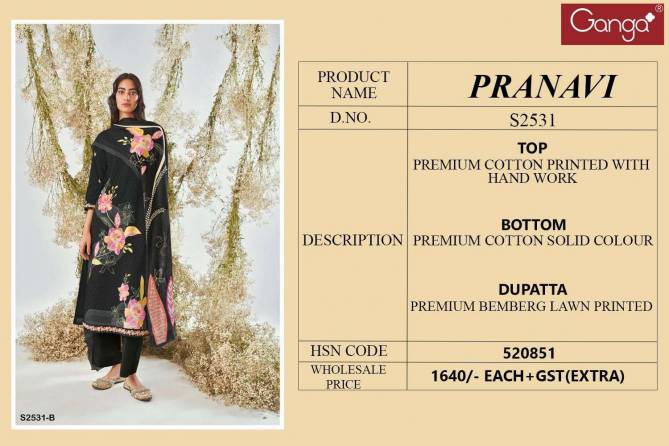 Pranavi 2531 By Ganga Hand Work Printed Premium Cotton Dress Material Wholesale Shop In Surat